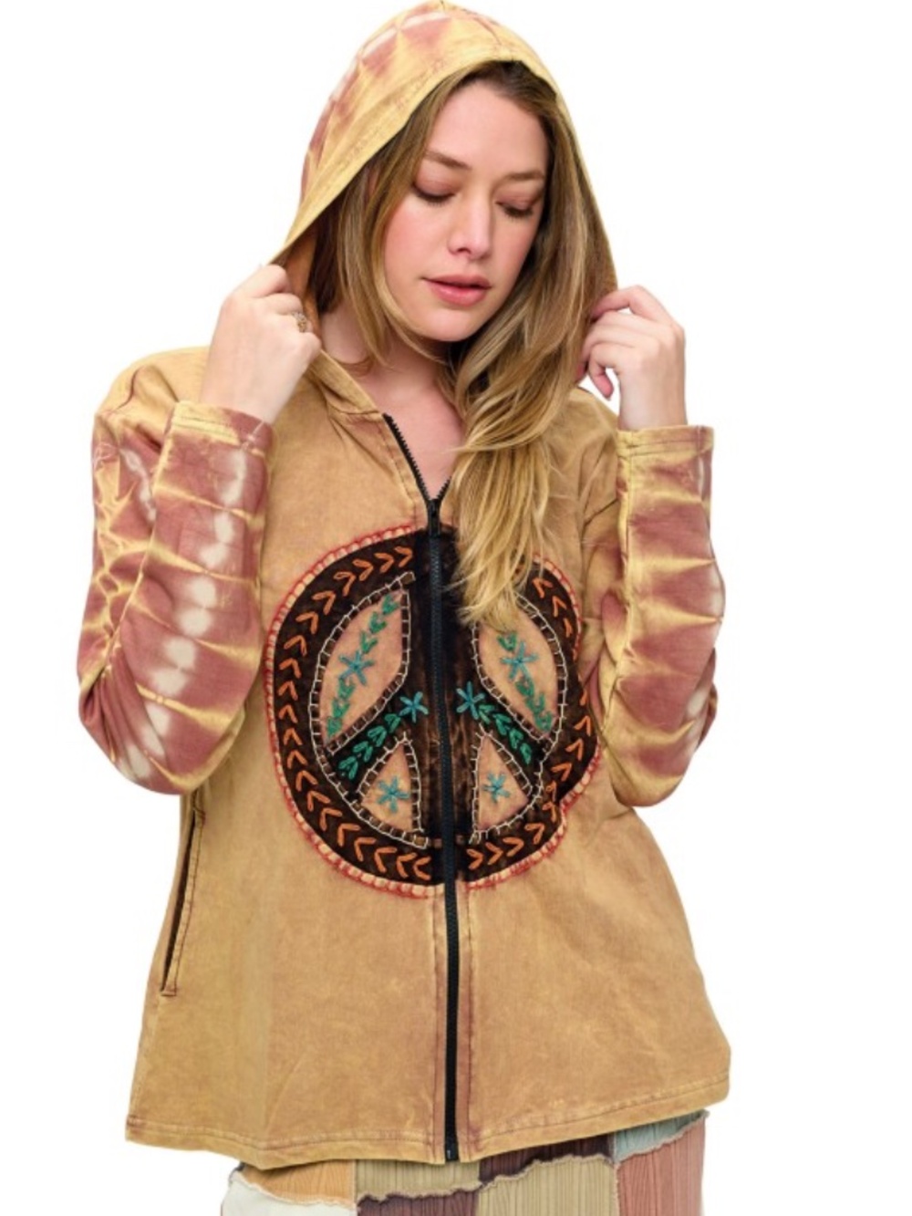Yak n Yeti Zip-up Jacket Vintage Washed Peace Sign Patch Embroidered